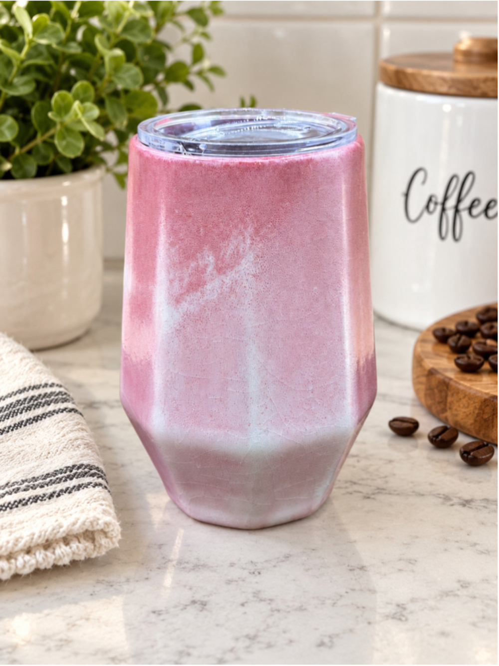 Pink Ombre Ceramic Travel Mug Tumbler Clear Sip Lid Crackle Glaze